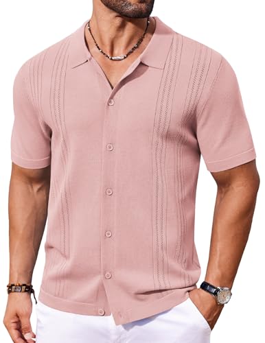 COOFANDY Men Casual Button Down Shirts Short Sleeve Summer Beach Shirt Fashion Camp Tops Pink