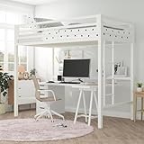 Ironic House Loft Bed Frame for Juniors&Adults, Metal Loft Bed Twin Size with Safety Guardrail & Removable Ladder, Space-Saving, Noise Free, Matte White