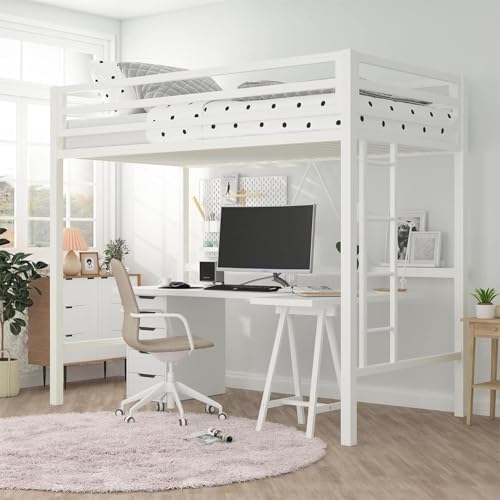 Ironic House Loft Bed Frame for Juniors&Adults, Metal Loft Bed Twin Size with Safety Guardrail & Removable Ladder, Space-Saving, Noise Free, Matte White