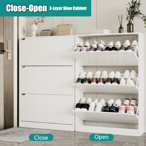 Image of Xixini Shoe Storage Cabinet for Entryway with 3 Flip Drawers, Sturdy Wood Hidden Shoe Storage, Freestanding Narrow Slim Shoe Organizer for Front Door Entrance, Living Room, Hallway, Bedroom, White