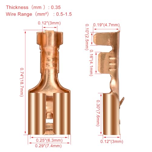 Heschen 100 Stück Flachsteckhülsen 6,3 mm Messing nicht isoliert für Kabel 1-1,5 mm²