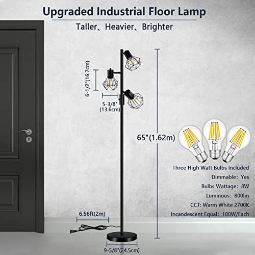 Stepless Dimmable Industrial LED Floor Lamp, 3-light Adjustable Farmhouse Floor Lamps with 3 x 8W 800LM Bulbs, Rustic Standing Tree Lamp Room Decor with Eye-caring Lampshade for Living Room Bedroom