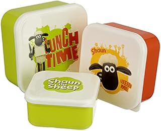 Puckator Shaun The Sheep Reusable Lidded Snack Pot Lunch Box Set of 3, BPA Free PVC, Work School Travel Home, Large 5.5x11.5x11.5cm Medium 4.5x10x19cm Small 4x8.5x8.5cm