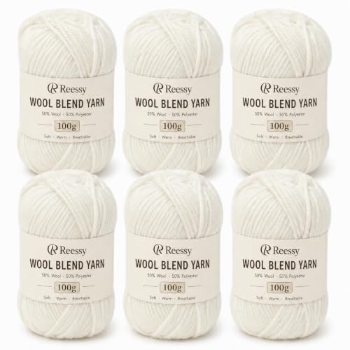 Image of Reessy Wool Blend Yarn, 6-Pack 100g Each, No. 4 Medium Weight, White