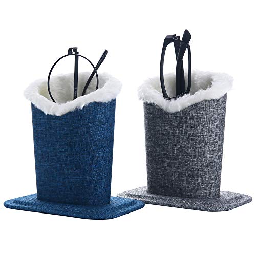 Siveit Plush Lined Eyeglass Holder PU Leather Eyeglass Case Anti-Scratch Glasses Storage Organizer for Desk Office Nightstand 2 Packs (Linen Navy Linen Grey)