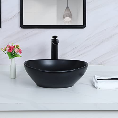 Davivy 15.7 x 13 Matte Black Oval Vessel Sink with Pop Up Drain Bathroom Sinks Above Counter Bathroom Vessel Sinks Ceramic Vessel Sinks Matte Black Vessel Sink for Bathrooms