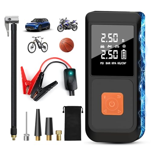 Junsun Arrancador de Batería 12V con Compresor de Aire 150 PSI y Power Bank 10000mAh, Inflador Portátil para Coche Gasolina y Diésel, Arranque de Emergencia, Pantalla LCD, Carga Rápida y Luz LED
