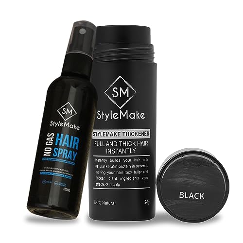 Image of StyleMake Thickener Hair Fiber Black 28g + Fibre Lock Spray 100ml - The Ultimate Duo for Instant Volume & Fuller Look for Men & Women (Black 28g + Spray 100ml)