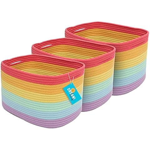 OrganiHaus Regalkörbe | Wollkorb | Aufbewarungs Korbe | Aufbewahrungsboxen Stoff | Stoffkörbe | Wäschekorb Flach | 3er Aufbewahrungskorb Set - Regenbogen Cover