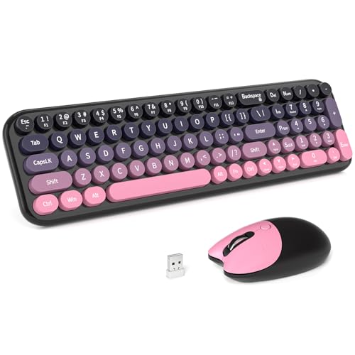 Image of KNOWSQT Wireless Keyboard and Mouse Combo - CherryPink-Gradient 2.4G Full-Size Typewriter Cute Colorful Keyboards - USB Plug and Play, for Windows, Laptop, Computer, PC, Desktop