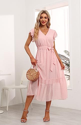 Image of VintageClothing Womens Sundress Casual Floral Summer Boho Dress | Flowy Wrap V Neck Ruffle A-Line Pleated Hem Midi Dresses