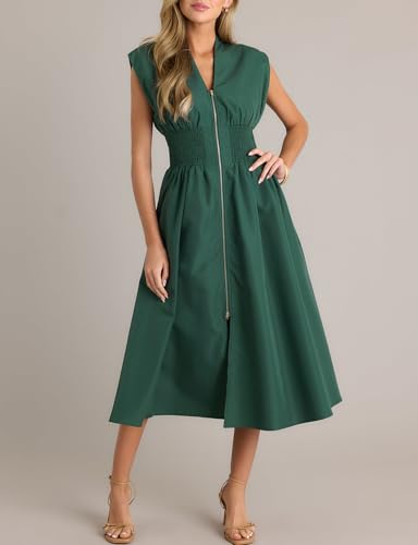 Image of FANCYINN Summer Casual Womens Maxi Dress Sleeveless V Neck Waist Aline Front Zipper High Slit Flowy Long Dress Pockets
