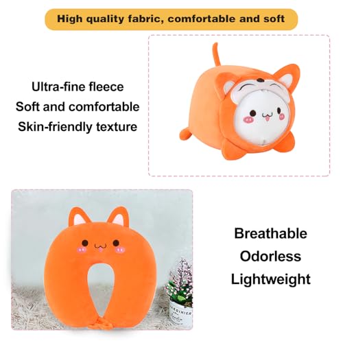 Image of Kids Travel Pillow - 2-in-1 Deformable Kids Neck Pillow for Traveling, Soft U-Shaped Pillow with Adorable Animal Design, Comfy Sleep and Play, Ideal for Airplanes and Traveling (QQ Orange Fox)
