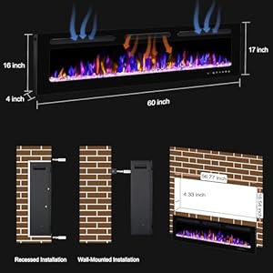 60" Electric Fireplace Wall Mounted and Recessed with Remote Control, 750/1500W Ultra-Thin Wall Fireplace Heater W/Timer Adjustable Flame Color and Brightness, Log Set & Crystal Options 60 Electric Fireplace Wall Mounted and Recessed with Remote Control 7501500W Ultra Thin Wall Fireplace Heater WTimer Adjustable Flame Color and Brightness Log Set Crystal Options