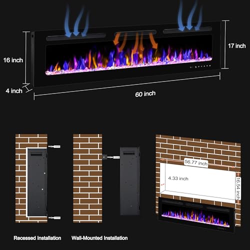 60-Electric-Fireplace-Wall-Mounted-and-Recessed-with-Remote-Control-7501500W-Ultra-Thin-Wall-Fireplace-Heater-WTimer-Adjustable-Flame-Color-and-Brightness-Log-Set-Crystal-Options 60 Electric Fireplace Wall Mounted and Recessed with Remote Control 7501500W Ultra Thin Wall Fireplace Heater WTimer Adjustable Flame Color and Brightness Log Set Crystal Options