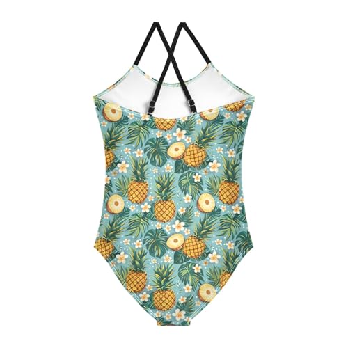 senya Girls Swimsuits One-Piece Swimwear Tie Bathing Suit Beach Summer Round Neck 5-6T Blue Pineapples Tropical Leaves2