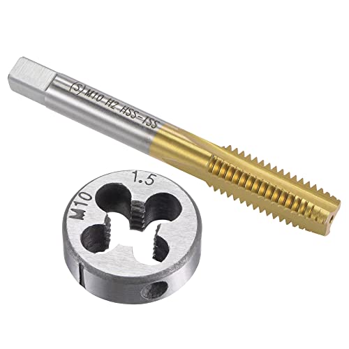 Image of sourcing map Tap and Die Set Metric M10 x 1.5, HSS (High Speed Steel) Titanium Plated Machine Straight Flute Thread Screw Tap, Alloy Steel Round Threading Die