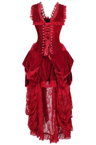 Daisy corsets Womens Steel Boned Dark Red Velvet Victorian Bustle Corset Bustier Dress3