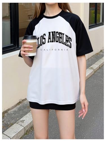 SweatyRocks Girl's Color Block Letter Graphic T Shirts Oversized Short Sleeve Crew Neck Tees3