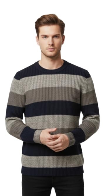 Men's Striped Crew Neck Sweater, Navy Blue and Grey, Long Sleeve Knit Pullover-picture-29