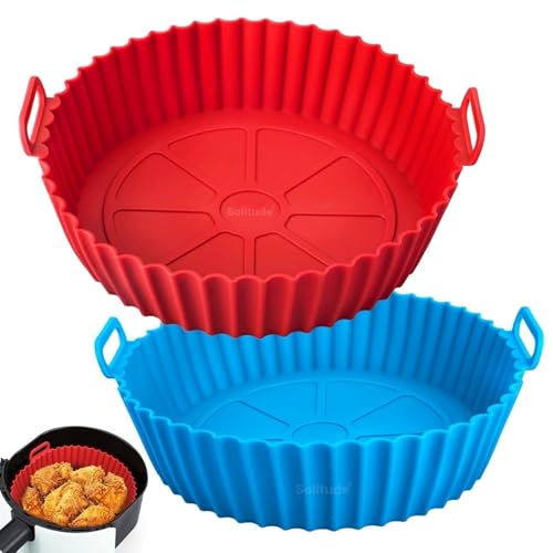Image of Solitude 2 Pcs Air Fryer Liners I Round Silicone Basket Baking Tray I Pot with Ear Handles I Nonstick Reusable Heat Resistant I Cooking Oven Insert Accessories - Multicolor (8 Inch)
