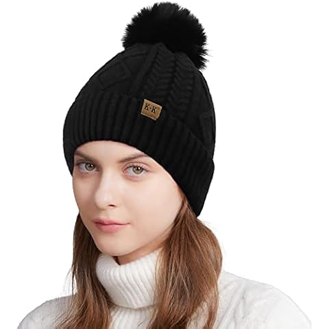 ECOMBOS Bobble Hat Women - Winter Hats for Women Warm Beanie Hats Knitted Wooly Hats Thermal Fleece Line Hat with Pom Pom for Ladies Outdoor Sports Ski Black Cover