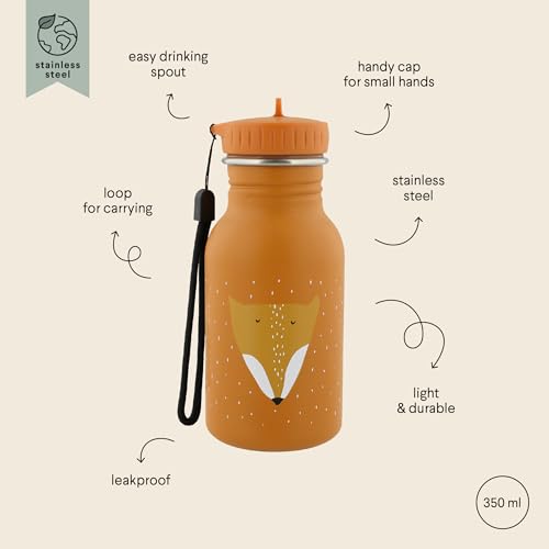 Trixie Baby Trinkflasche aus Edelstahl, 350ml/500ml, Auslaufsicher, mit Tragekordel, Schlanke Form für Kleine Hände, Bruchsicher, ab 3 Jahren (Mr. Fox, 350ml)