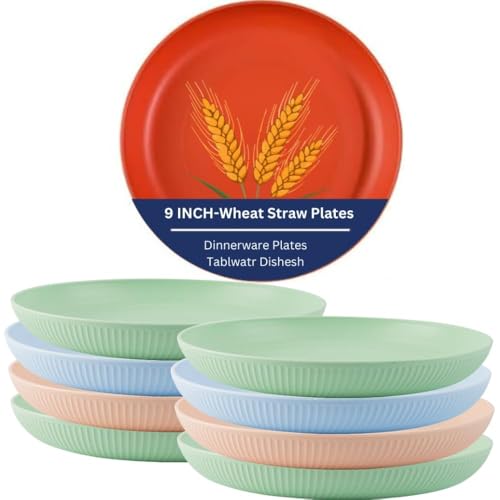 Image of Wheat Straw & Bamboo Fiber Plates Set, Lightweight Unbreakable Dinner Plates, Microwave and Dishwasher Safe, Plates Easy to Clean & Reusable (9 Inches, Random, Set of 8)