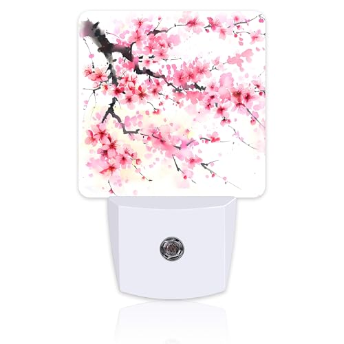 Image of Watercolor Cherry Blossoms Tree Night Light for Kids,Abstract Pink Floral Night Light Plug in with Dusk to Dawn Sensor,0.5w Energy Saving Nightlight for Hallway Stairway Kitchen Bedroom