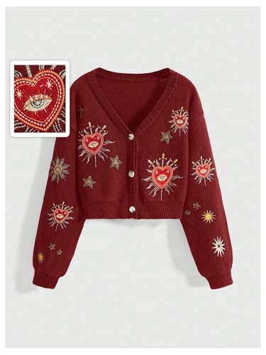 Image of BEAUDRM Women's Cropped Cardigan Sweater Embroidered Cardigan Cropped Sweater Button Down Knit Top Outerwear