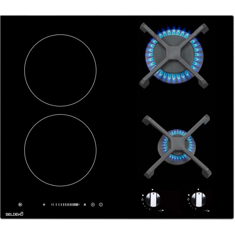 Plaque de cuisson mixte gaz et induction 4 foyers - 2 gaz et 2 induction avec booster - 6900 Watts - Grilles fontes