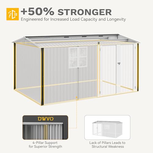 Image of DWVO 12x8 FT Outdoor Storage Shed, Metal w /Lock & Window - Gray /White | Extra-Large Garden Shed w / Sloped Roof. Fits Bulky Lawn Equipment, Trash Bins. For Backyard, Garage