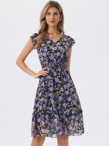 Image of Allegra K Women's Floral Dress Spring Summer V Neck Flutter Sleeve Ruffle Casual Smocked Knee Length Dresses