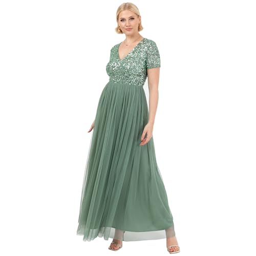 Maya Deluxe Women's Ladies Dress for Wedding Guest Plus Size Empire High Waist Sequins Short Sleeve Evening Bridesmaid, Deep Mint, 14