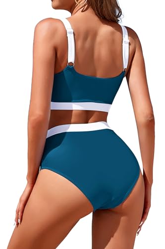 Image of Womens High Waisted Bikini Sets Sporty Crop Top Color Block Swimwear Bandeau Scoop Neck Vintage Two Piece Bathing Suits