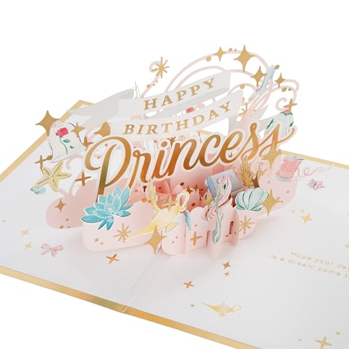 Hallmark Carte d'anniversaire 3D et pop up, motif princesses Disney, La Belle et la Bête, Aladdin, Cendrillon, Rose, Doré