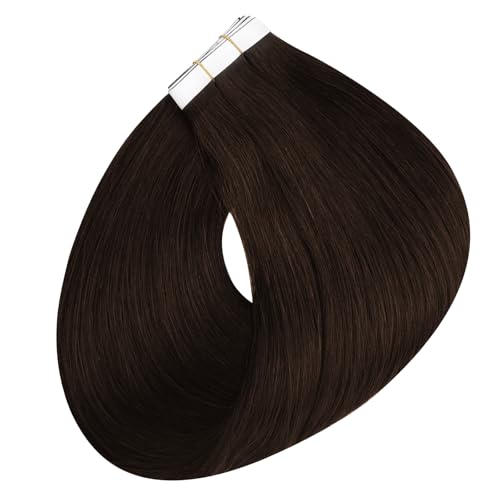 Image of Full Shine Tape in Weft Hair Extensions Human Hair Color 2 Darkest Brown 22 Inch Invisible Seamless Skin Weft Genius Weft Hair Extensions 4PCS Soft and Silky 120g for Party