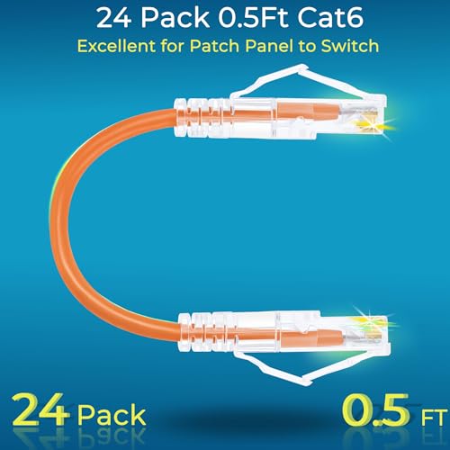 Image of Rapink Patch Cables Cat6 / Cat6a 0.5ft (24 Pack) Slim, Cat6a Ethernet Patch Cable 10G Support, Snagless Cat 6 Patch Cable for Patch Panel to Switch, Flexiable Cat6 Ethernet Cable Orange