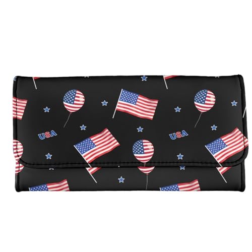 Image of AFPANQZ Women's Leather Wallet Women Wallets, USA Star Print Soft Leather Trifold Large Capacity Ladies Travel Purse Dust Resistnt Wallet