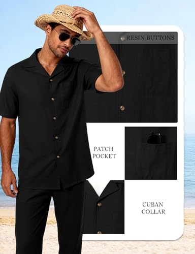 Image of JEMITOP Men's 2 Piece Outfits Summer Relaxed Fit Walking Suit Casual Cuban Guayabera Shirt and Pants Set Beach Vacation