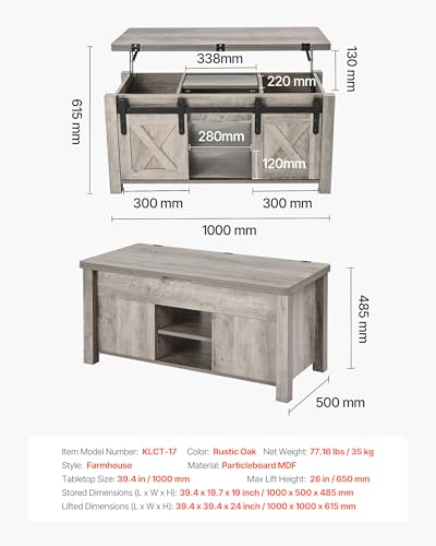 Image of VEVOR 39.4 in Farmhouse Lift Top Coffee Table, Rustic Center Table with Barn Door and Hidden Storage Compartment, Modern Rectangle Lifting Tabletop for Living Room, Office, Home, Easy Assembly, Oak