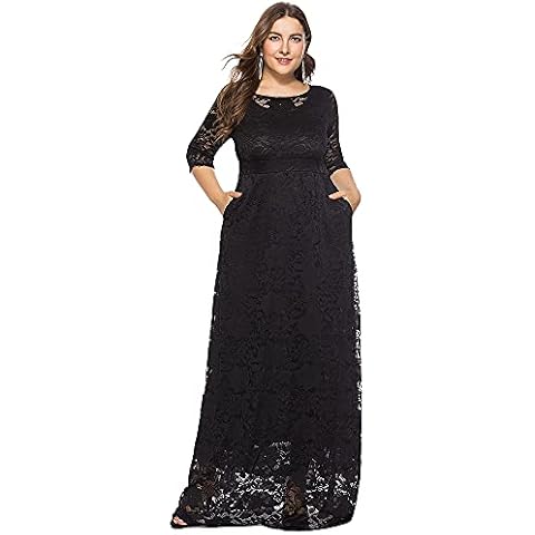 Beauty-Emily Womens Floral Lace 2/3 Sleeves Maxi Dress Plus Size Evening Party Dress Black Cover
