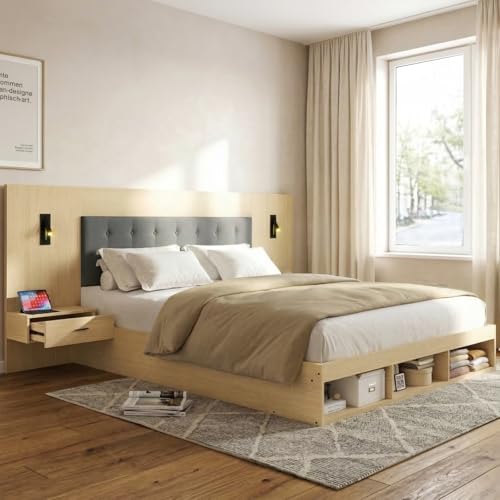 KOMHTOM Lit Double avec 2 Tables de Nuit, Lit Moderne Multifonctionnel en Bois avec Ports de Recharge USB et Type-C et Lampe de Lecture, Lit avec...