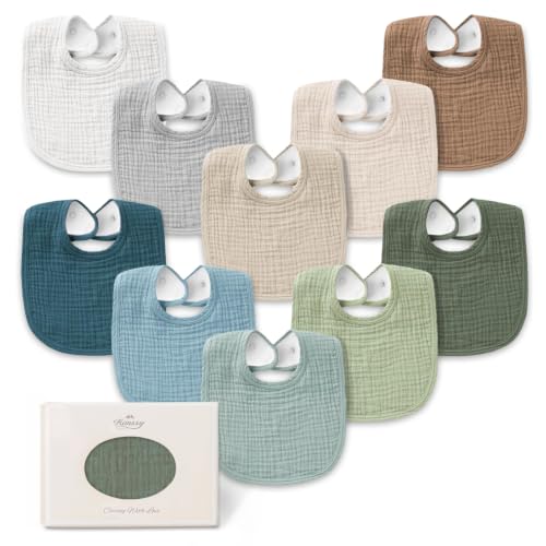 Image of Konssy 10-Pack Muslin Baby Bibs for Drooling and Teething | Soft & Absorbent, Cotton Front with Fleece Backing, Adjustable Fit, Wash Durable, for Boys and Girls Ages 0-36 Months(Green)