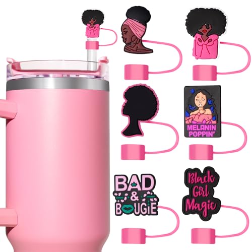 6PCS Pink Black Girl Straw Covers for Stanley Cup，Cute Silicone Straw Topper for 10mm Drinking Straw Tip Covers Stanley Cup Accessories