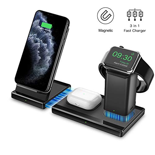 Hoidokly 3 en 1 Cargador Inalámbrico Rápido, Qi Inalámbrica Carga Rápida 10W para Apple iWatch 5/4/3/2, AirPods Pro, Soporte de Carga Inalámbrico para iPhone 11/11 Pro MAX/XS MAX/XR/X/8 Plus