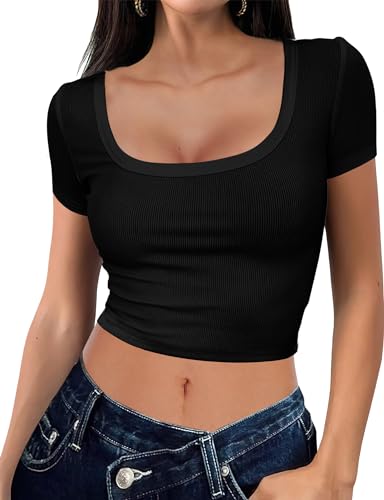 Buauty Women's Crop Tops Scoop Neck Tshirts Ribbed Shirts Short Sleeve Tees Fitted Basic Clothes Slim Tight Fit 2025