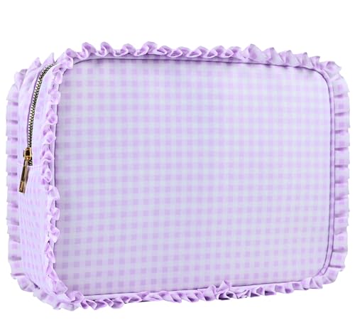 Gingham Ruffle Makeup Bag,Large Travel Cute Cosmetic Bag for Women Girls,Ruffle Pouch Toiletry Bag Make up Organizer (Purple)