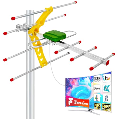 Outdoor TV Aerial Freeview HD High Gain Digital Aerial for Loft & Roof Installation VHF/UHF TV Antenna Supports 4K 1080P Weatherproof Outdoor Aerial with 10m Cable (Pole Not Included)