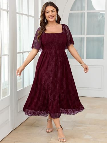 Image of SCOMCHIC Women's Plus Size Wedding Guest Dress Formal Lace Square Neck Short Sleeve Smocked Flowy Cocktail Maxi Dresses